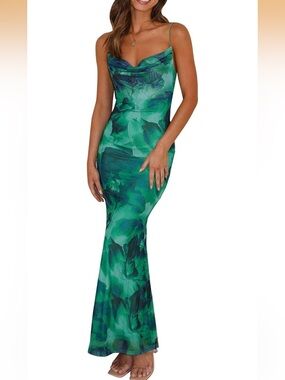Green Floral Cowl Neck Maxi Dress